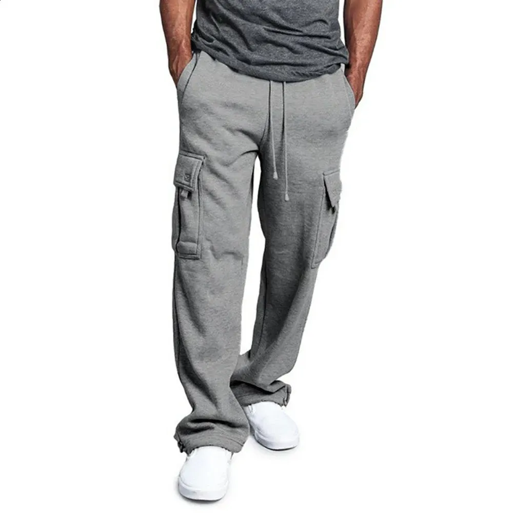 Pantalon de sport décontracté Y2k pour hommes avec plusieurs poches hip-hop vêtements de travail de rue pantalons de sport pantalons droits de couleur unie 240217