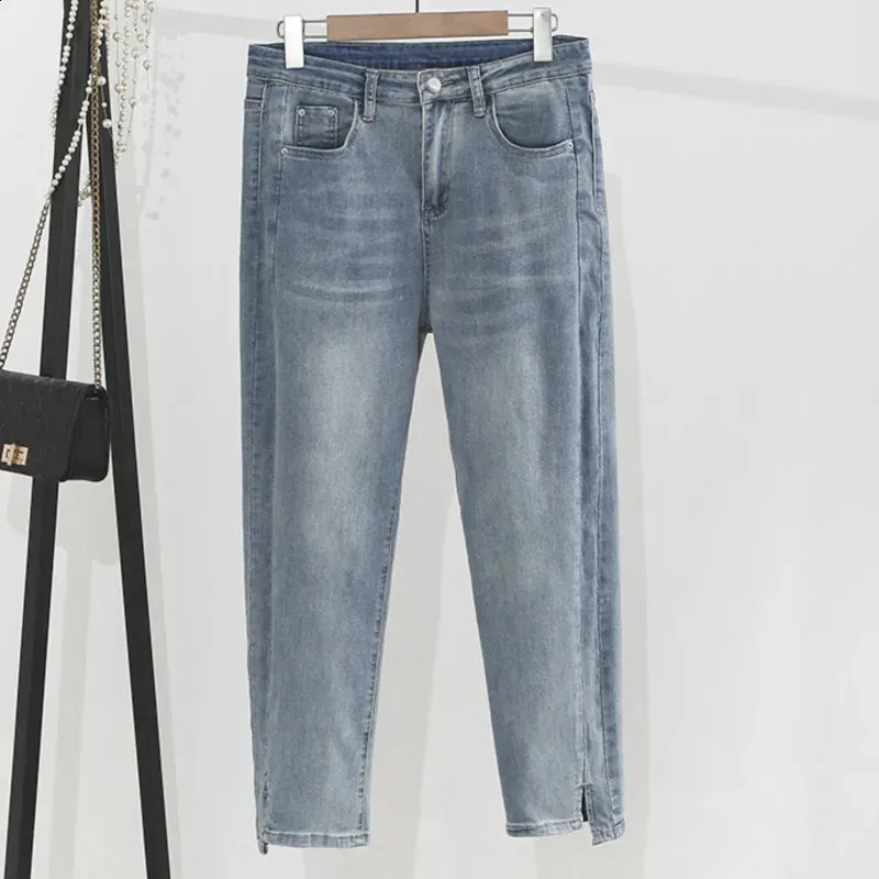 Autumn Plus Size Jeans Kvinnor Kläder Fashion High midja Stretch Denim Ankellängd Slitkurva Pencil Pants Female S54 2328 240202