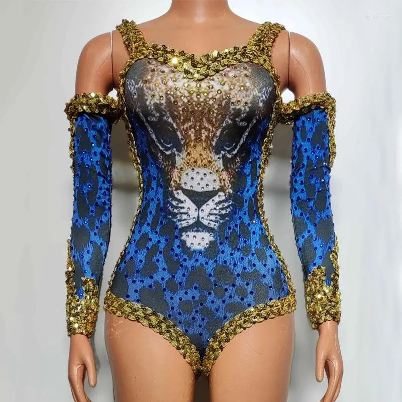 Stage Wear Blue Gold Leopard Rhinestones Bodysuit Halloween Cosplay Rave Outfit Women DJ Performance Gogo Dance Costumes XS7539