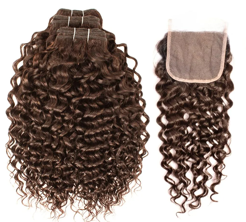 Chocolate marrom água encaracolado pacotes de cabelo humano com fechamento 4 cabelo virgem brasileiro 34 pacotes com fechamento de renda 4x4 cabelo remy e9328345