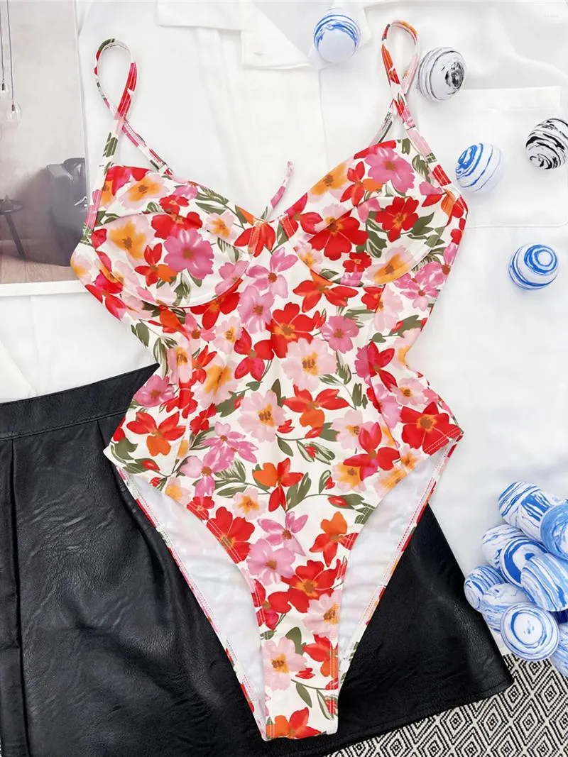 Maillots de bain pour femmes Floral imprimé à armatures une pièce maillot de bain femme femme jambe haute coupe monokini baigneur maillot de bain natation dame K3933
