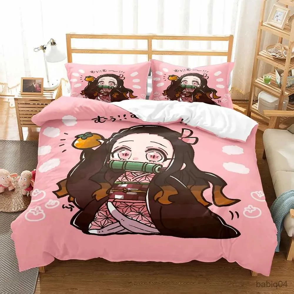 Beddengoedsets Anime Demon Slayer Dekbedovertreksets met hoes Polyester Tieners Kinderbeddengoed Set Volledige Queen Kingsize Cartoon beddengoed