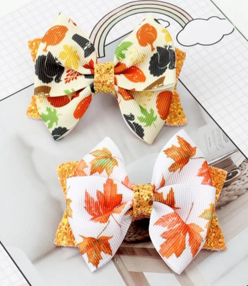 Thanksgiving Hair Bows For Girls Leaves Printed Ribbon Hairgrips Bowknot Clips Kids Hairs Accessories9694121