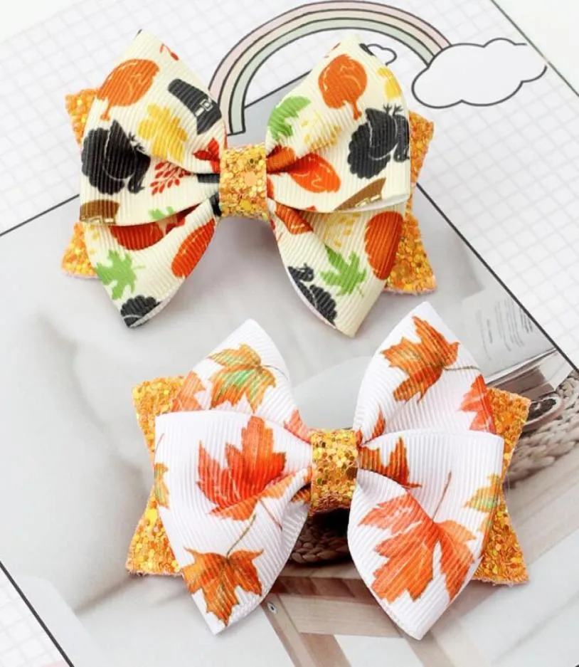 Thanksgiving Hair Baws für Mädchen Blätter bedruckte Band Haargräbchen Bowknot Clips Kinder Haare Accessoires9694121