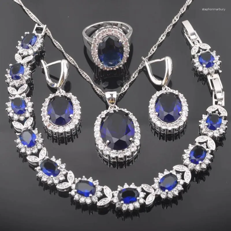 Ensemble de boucles d'oreilles et collier pour femmes, classique, ovale, bleu ciel, zircone, couleur argent, Bracelet de mariage, pendentif, bague, QS0460