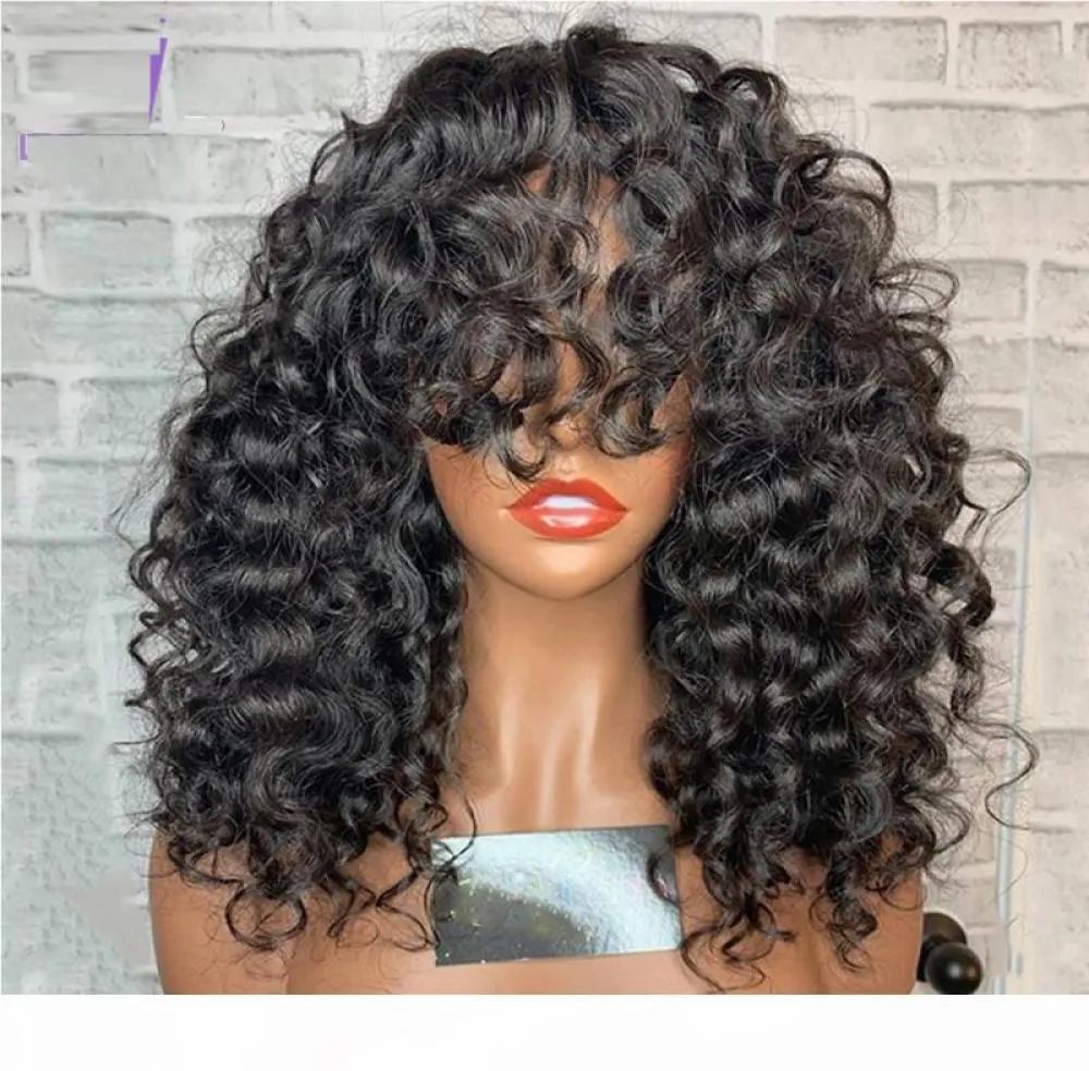 Afro Curly 55 Silk Top Lace Front Wig with Bangs Pre Plucked Hairline Malaysian Human Hair Short Kinky Curly Lace Wig for Women2517088