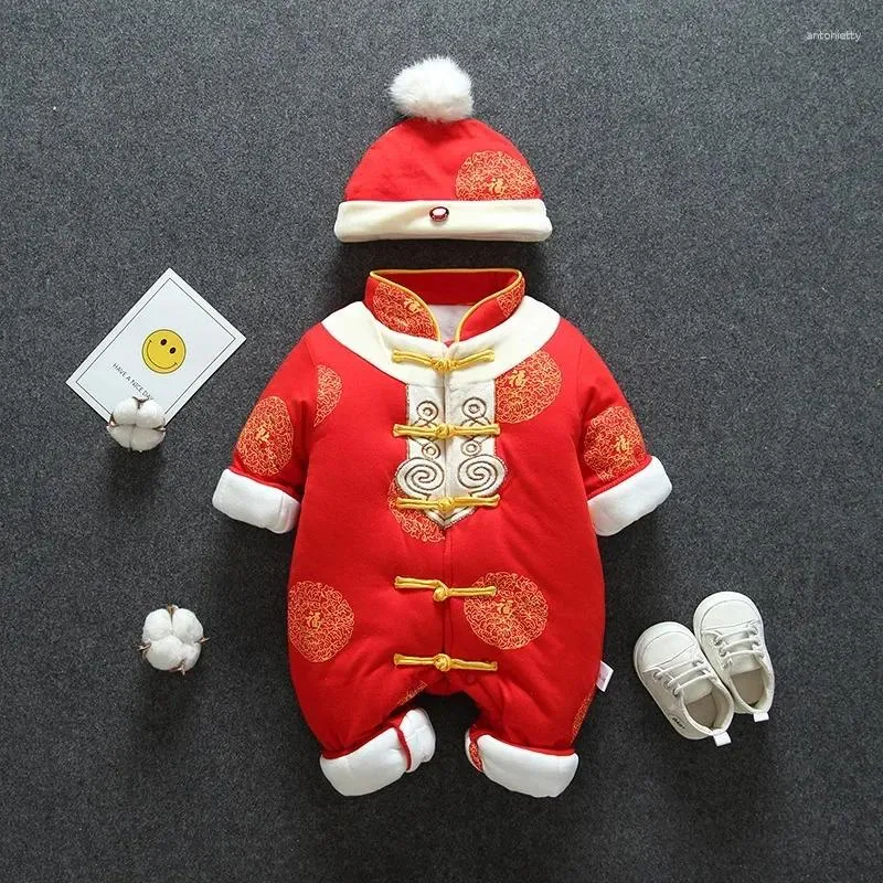 Etnische Kleding Winter Verjaardagscadeau Voor Jongens Baby Tang Pak Chinese Traditionele Jaar Dikker Romper Zuigelingen Rood Borduurkostuum