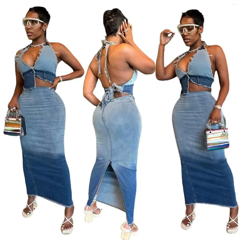 Work Dresses Fashion Changing Color Denim Two Piece Set Dress Streetwear Jean Halter Backless Crop Top Split Long Skirt Outfits From Yuyuann 35.25 DHgate.Com
