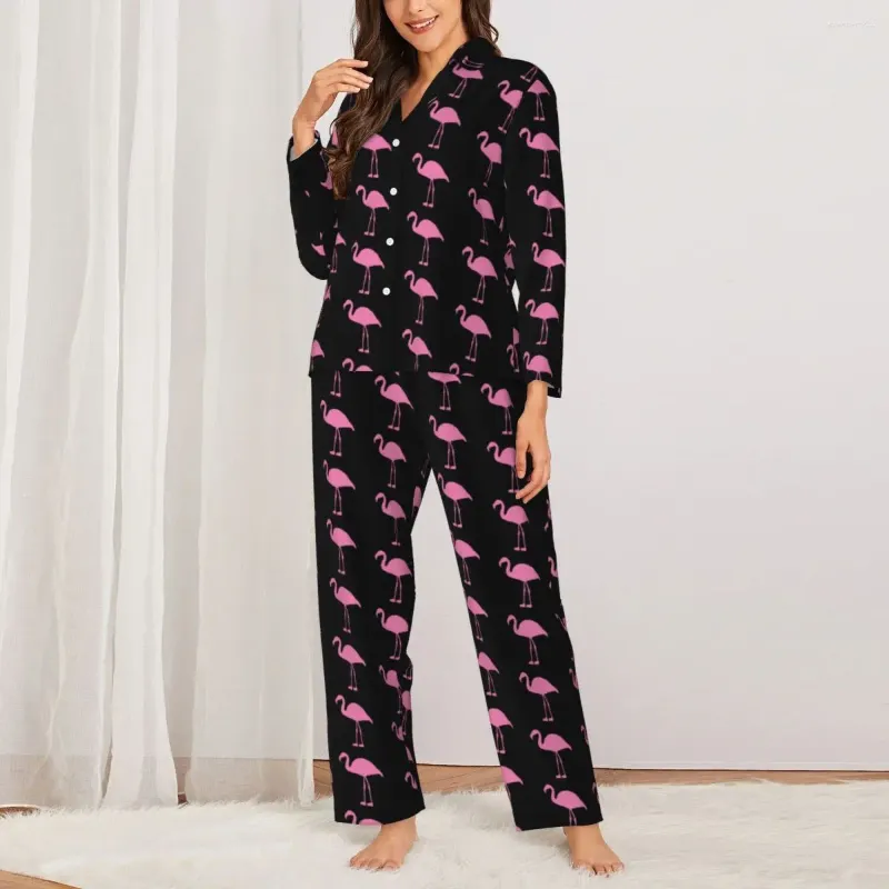 Vêtements de nuit pour femmes drôles oiseaux imprimés pyjama ensembles flamants roses mignon femme manches longues décontracté chambre ample 2 pièces vêtements de nuit grande taille