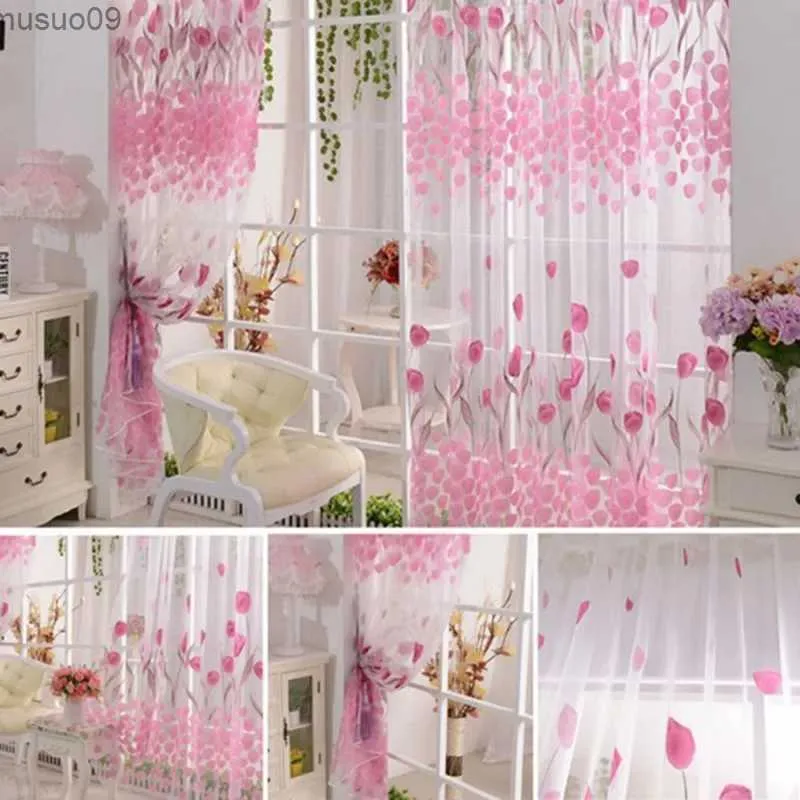 Curtain Colorful Pink Tulip Sheer Curtains Voile Tulle For Kitchen Living Room Bedroom Window Treatment Screening Drapes Home Decoration