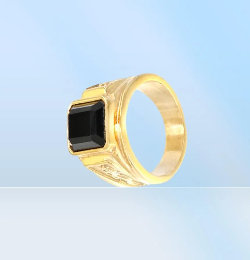 Pierre noire hommes chevalières bague en or en acier inoxydable gravé Dragon Vintage mode bande de mariage simple bijoux bague Male3539199