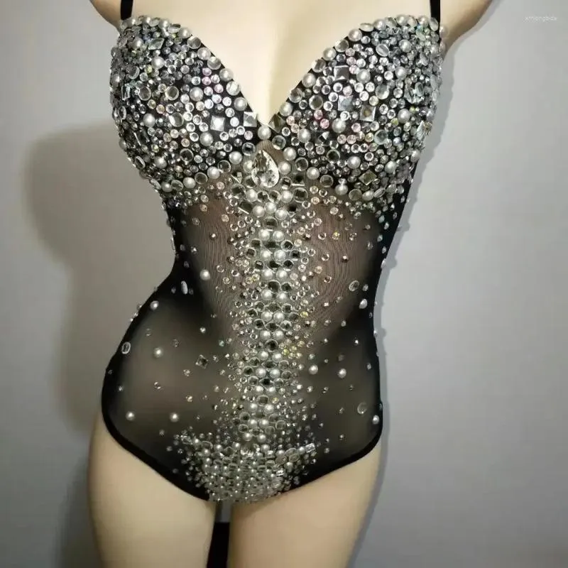 Stage Wear Women Singer Performance Costume Luxurious Gemstones Pearls Dress Sexy V Neck Perspective Mesh Striped Crystals Bodysuit