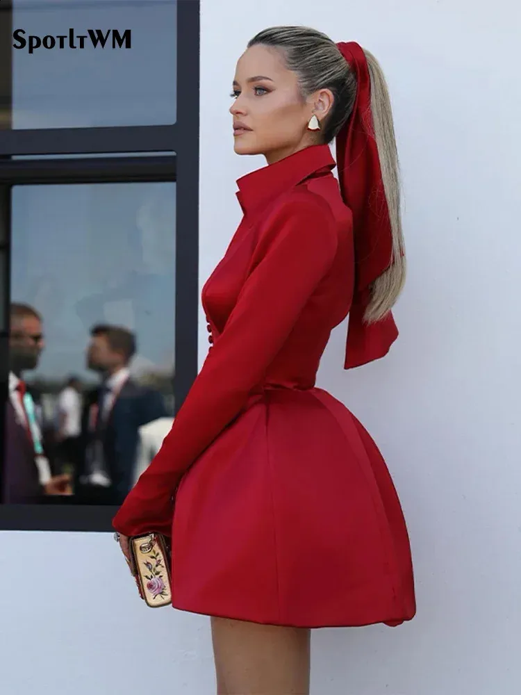 Women Elegant Casual Red Short Dress Sexy Long Sleeved High Lapel Neck Waist Banquet Fluffy Dresses Street Partywears 240130