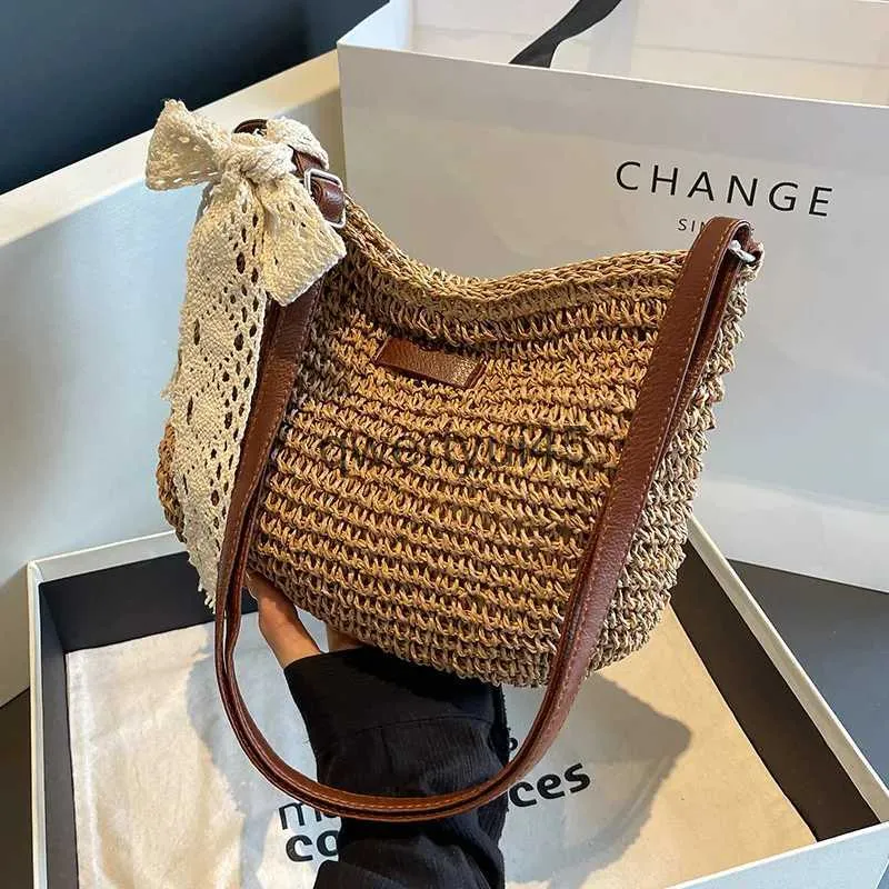 Umhängetaschen Vintage Damen Woven Soulder Bag Solid Color Lace Ribbon Tote andbags Wicker Boo Straw für den Sommer Beac andle BeigeH24217