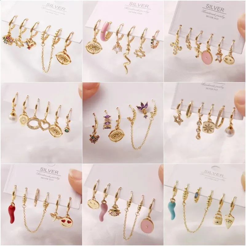 6 Stück Mode exquisite Perle Stern Mond Emaille Zirkon baumeln Ohr Ring Set koreanischen Stil kleine Creolen für Frauen Schmuck Geschenk 240202