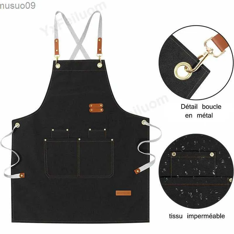 Tabliers Tablier de cuisine à dos croisé Tablier de chef en toile imperméable avec grande poche et sangles réglables pour salon de manucure de magasin de barbecue à bulles