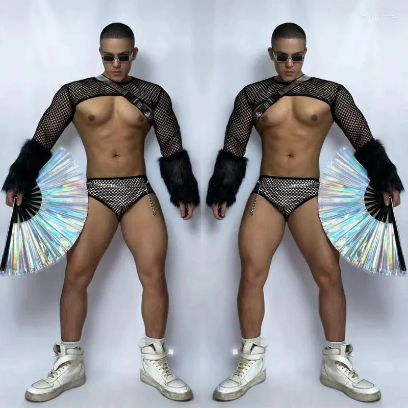 Scena noszona seksowne futrzane rękawy siatka top majtki Mężczyzny taniec ubrania gogo tancerz kostium nocny klub DJ Rave strój xs5047
