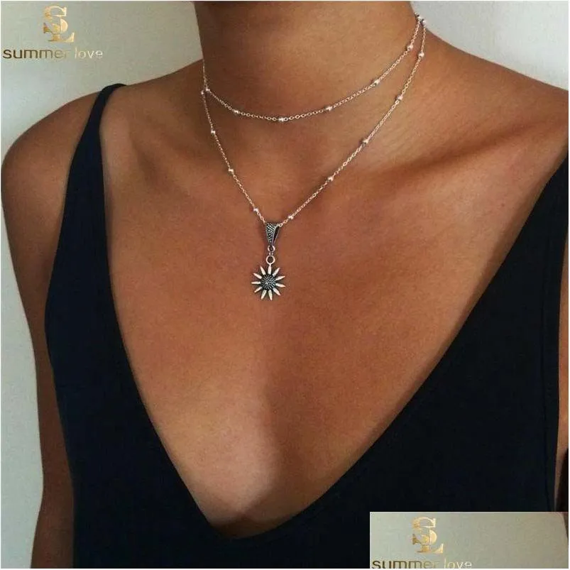 Nouveau Boho bijoux Mti couche Sier perlé colliers ras du cou pour femmes Y tournesol pendentif Vintage collier Dro Dhgarden Dhfwl