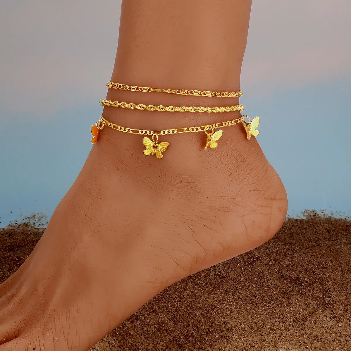 Böhmen fjärilskedja 14k gula guld ankletter för kvinnor trendiga fottillbehör sommar barfota strand anklet armband på ben fot daglig slitage smycken gåva