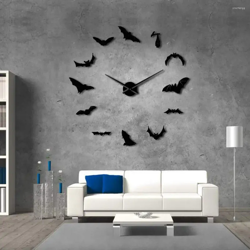 Relógios de parede morcegos grande relógio diy design moderno halloween decoração de casa sem moldura relógio gigante vampiro arte espelho