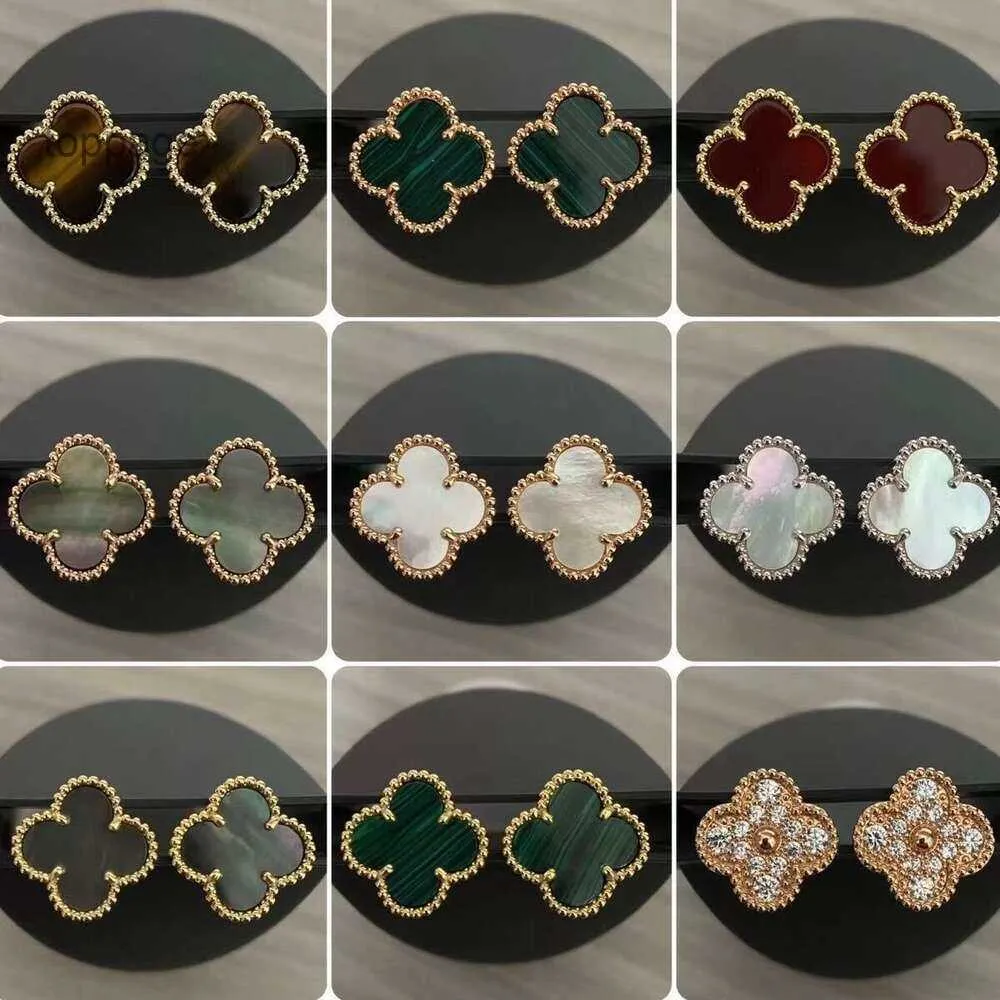 Van Clover Cleef Kolczyki Projektantki kolczyki Vanly Kolczyki Wysokie wydanie Grube platowane 18K Rose Gold Four Leaf Grass Uszczesz Kolki Fritillaria Red Jade