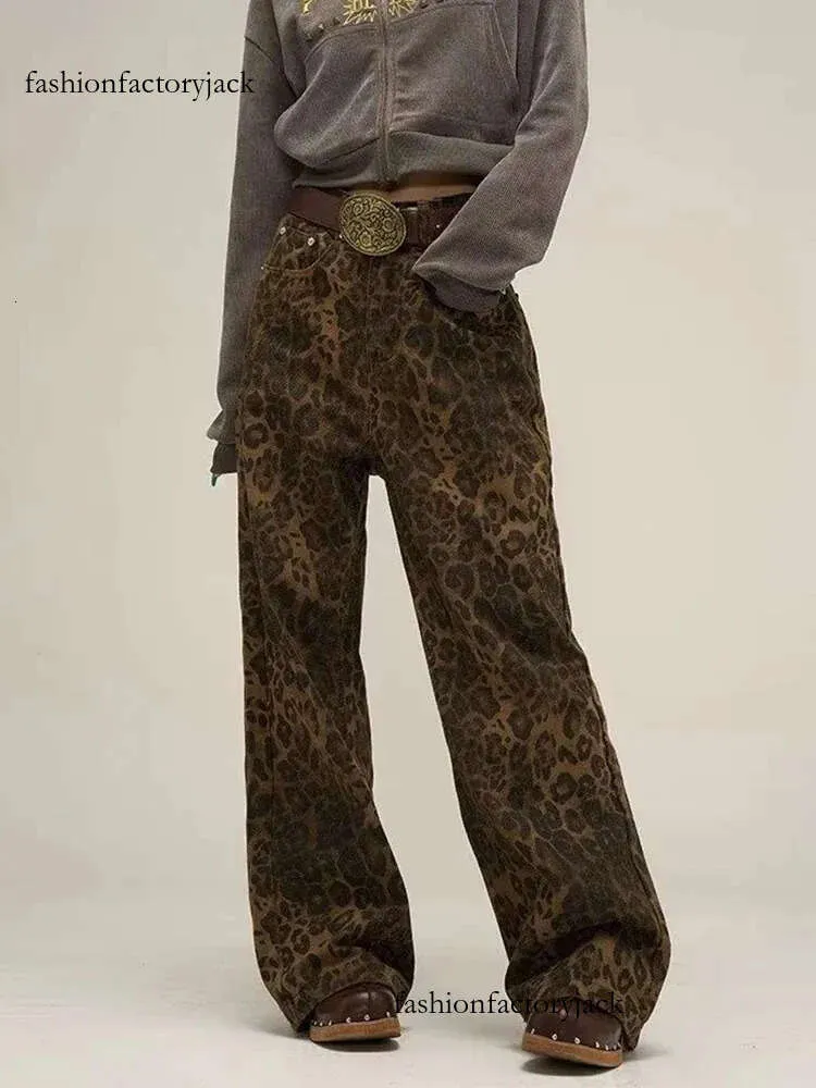 Dżinsy damskie houzhou tan leopard kobiety dżinsowe spodnie kobiety dużego szerokiego nogi spodnie streetwearu hip hop vintage ubrania luźne 231123