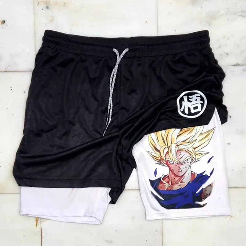 Men's Shorts Anime Shorts Gym for Man Double Layer 2-in-1 Quick-drying Sweat-absorbent Jogging Performance Workout Athletic 810