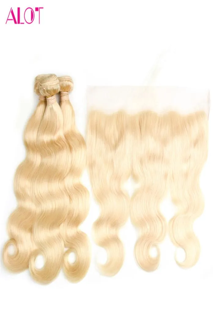 Бразильские пучки блондинок с фронтальным цветом 613 Объемная волна человеческих волос от уха до уха 134 Прозрачная кружевная фронтальная застежка с 3 Bundl4458565