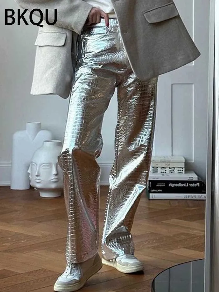 Dżinsy damskie Bkqu skóra prosta w wysokim talii długie spodnie dla kobiet 2023 jesienne zimowe skala szerokie kroki swobodne spodnie srebrne luźno workowate spodnie J240202 J240217