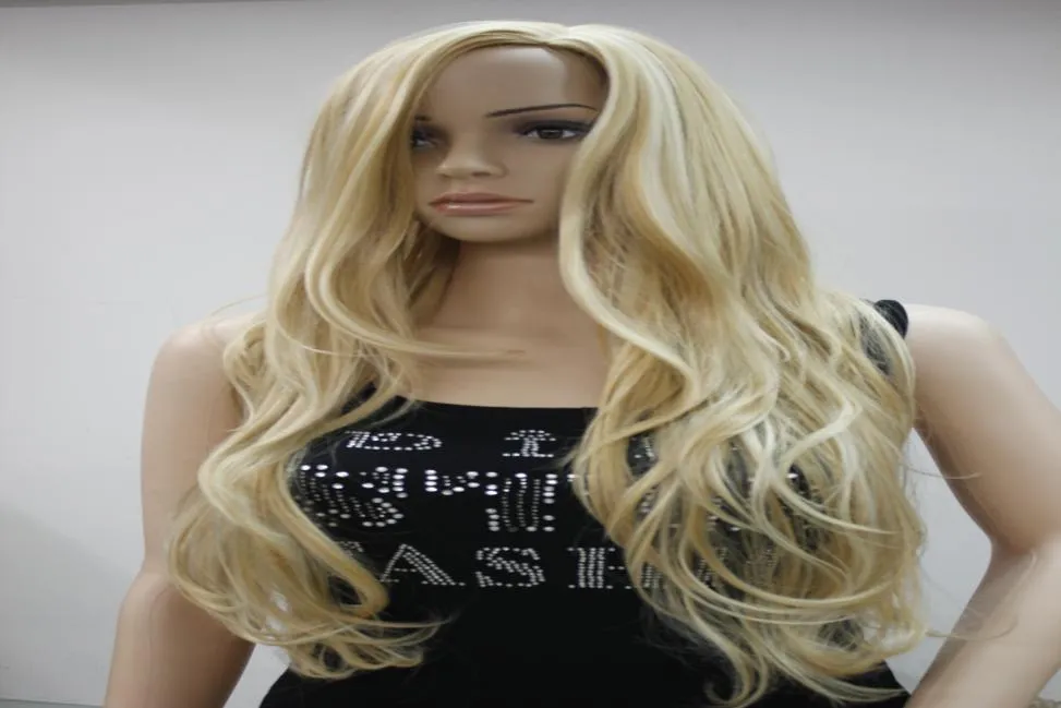 HIVISION Nytt mode No Bangs Side Skin Part Top Women039S Golden Blonde Mix Long Curly Wavy Wig 4762191