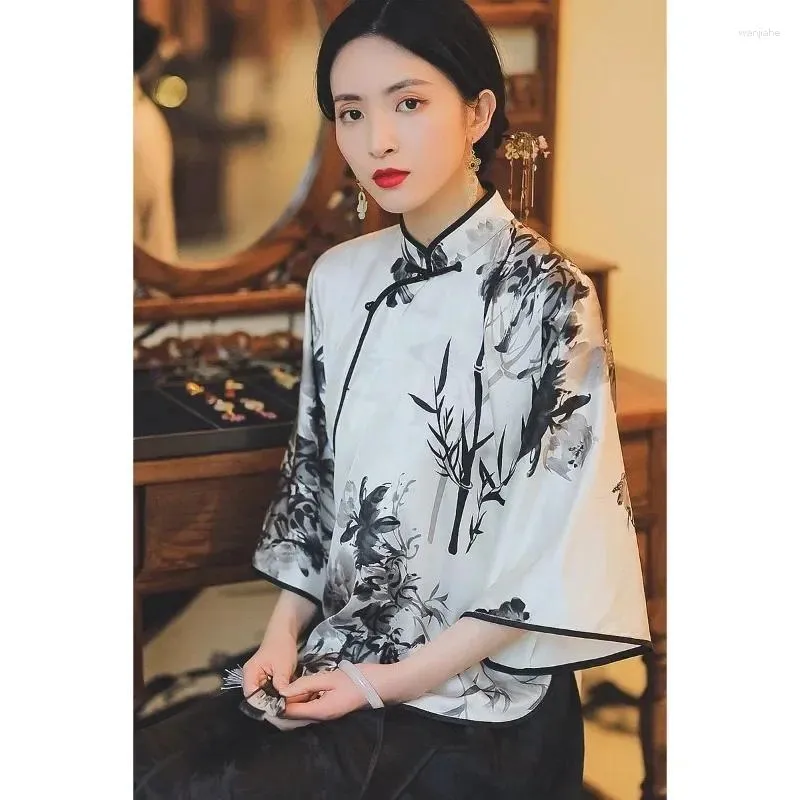 Ethnic Clothing Vintage Satin Ink Painting Printed Long Sleeved Tang Suit Top Women's Autumn Elegant Cheongsam Clothes Qipao