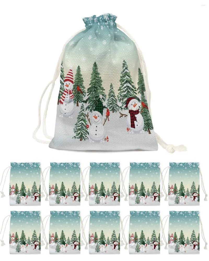 Juldekorationer Snöman Snöflinga Presentväskor Drawstring Pouch Candy Snack Bag Packaging Storage