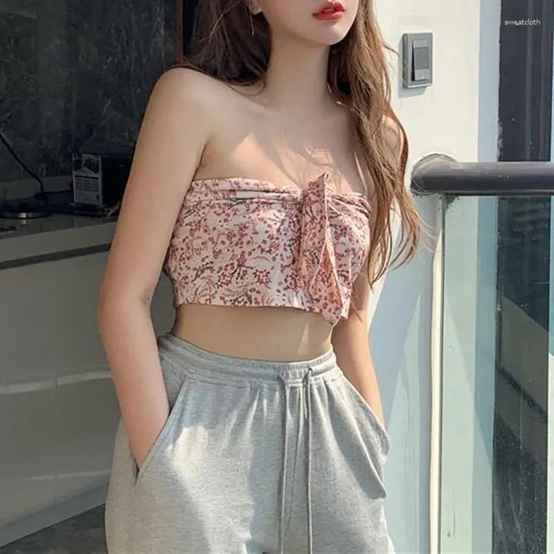 T-shirts Femmes Portant Tube Top Sous-vêtements Femme Impression Sweet Style Chic Summer Girl Harajuku All-Match Mode Casual Crop Bowknot