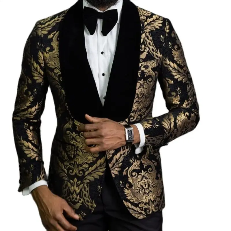 Floral Jacquard Blazer for Men Prom African Fashion Slim Fit with Velvet Shawl Lapel Male Suit Jacket Wedding Groom Tuxedo 240125