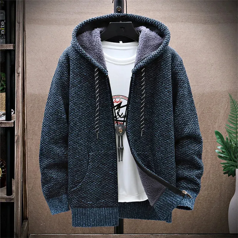 Vinterfleece tröjorcoat män tjock varm huva Kinted herrtröja Cardigan Solid Casual Knitting Jacket Male Clothing 240125