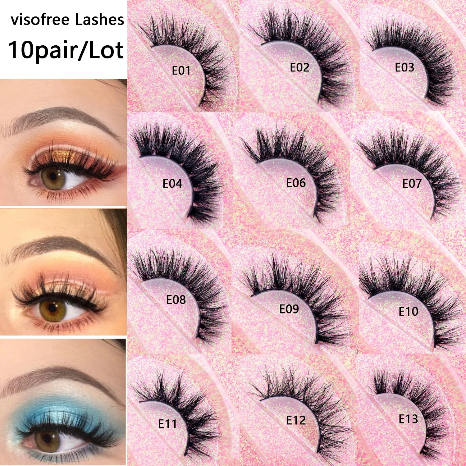 Pestañas de visón 3D Visofree, 10 pares de pestañas postizas, pestañas postizas Wispy de lujo, reutilizables, maquillaje falso de 16mm 240126