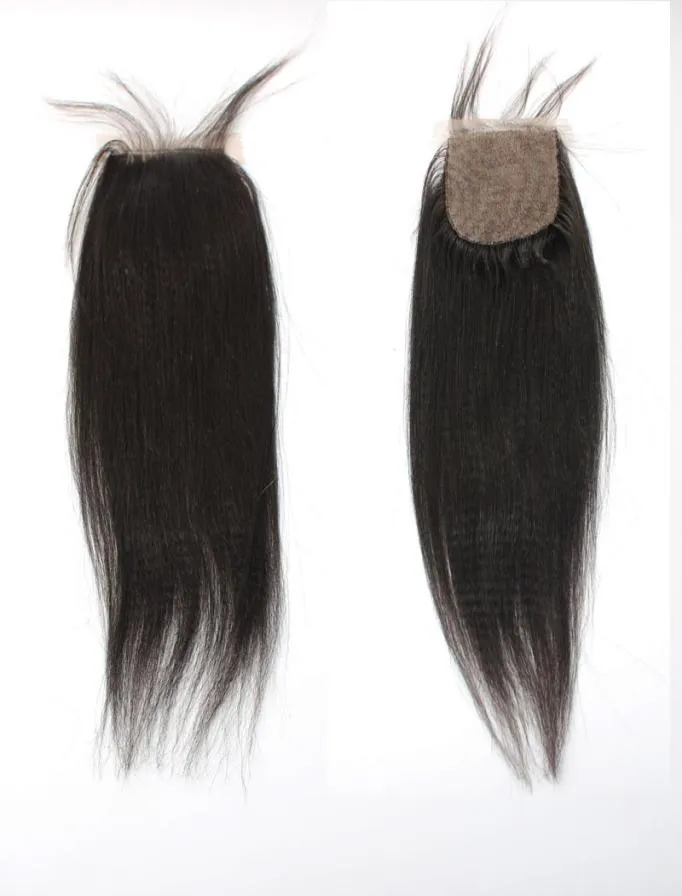 Baby hair in front yaki straight italian yaki human hair brazilian hair silk base closure 4x4 parting 3 part9095098