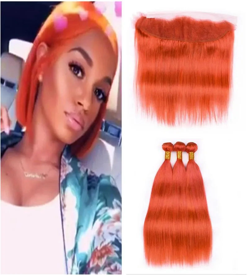 Orange Human Hair Weft With Lace Frontal Closure 13x4 Part Malaysian Virgin Human Hair 8a Straight Hair Bundles With Lace Fro4506223