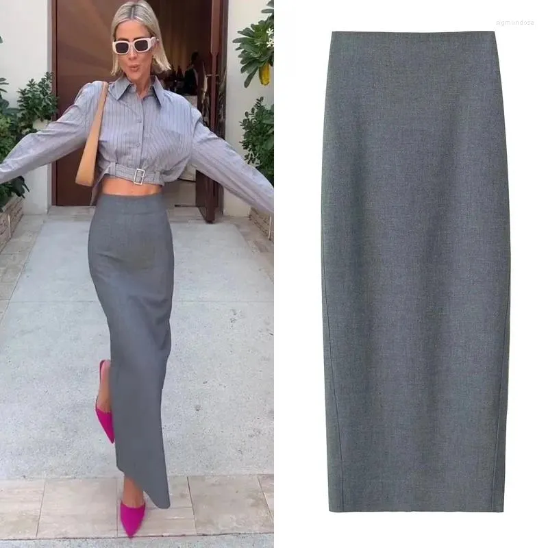 Jupes gris longues femmes 2024 crayon maxi jupe femme vintage taille haute midi femme mode fente ourlet esthétique