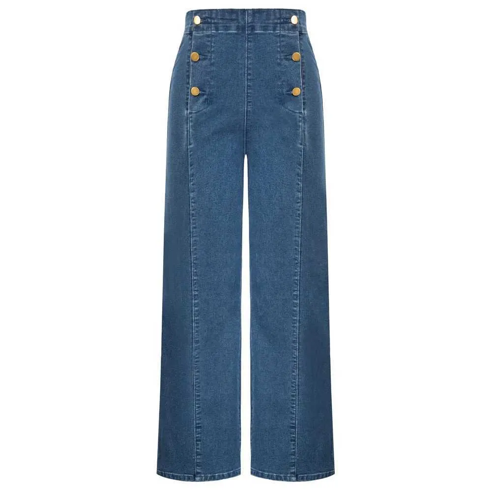 Jeans femininos Belle Poque Mulheres cintura alta calças largas perna vintage botão decoração casual calças elásticas com bolso calças a30 j240217