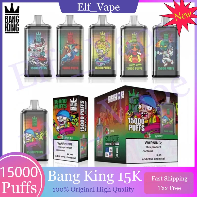 Originele Bang King 15000 Puffs Wegwerp Pape Pen Puff 15k Puff Vape 25ml Voorgevulde Cartridges Pod 650 MAH Oplaadbare batterij LED LICHT Kleurkit 10 Smaken 0% 2% 3% 5%