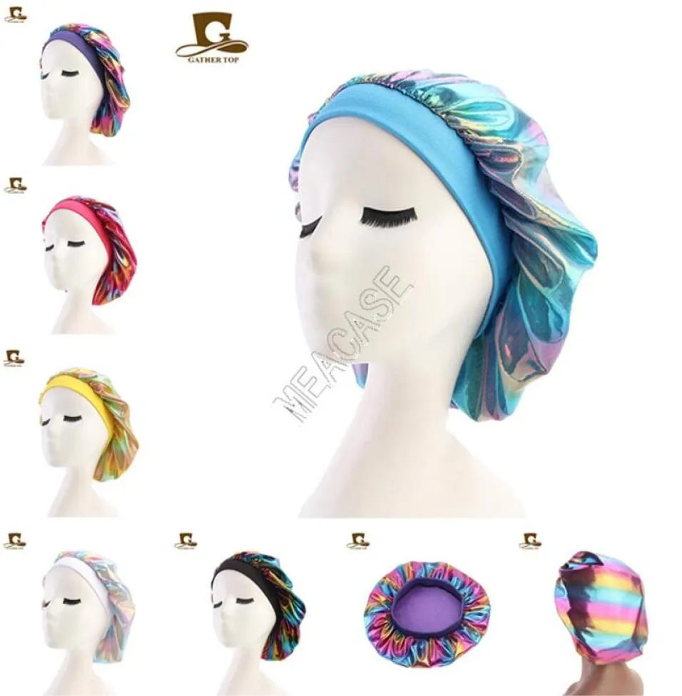 Laser Caps Muslim Women Sleeping Bonnet Turban Hat Designers Wide Stretch Silky Satin Breathable Bandana Bonnet Skull Cap Chemo Ha6579575