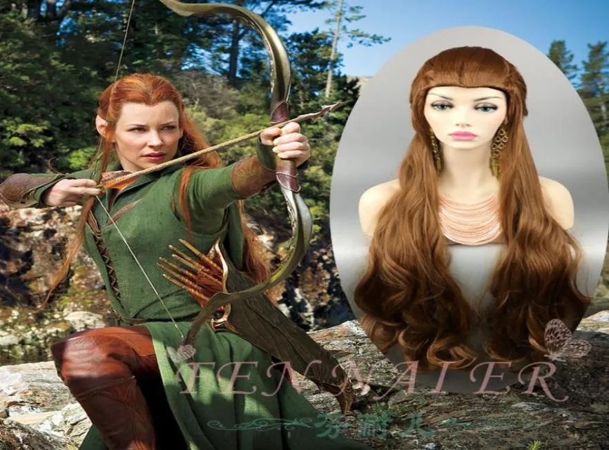 Five Armies Tauriel Extra Il Signore degli Anelli Hobbit Elfo Capitano Tauriel 100 CM Parrucca per capelli lunghi ondulati marroni Cosplay per le donne9039951