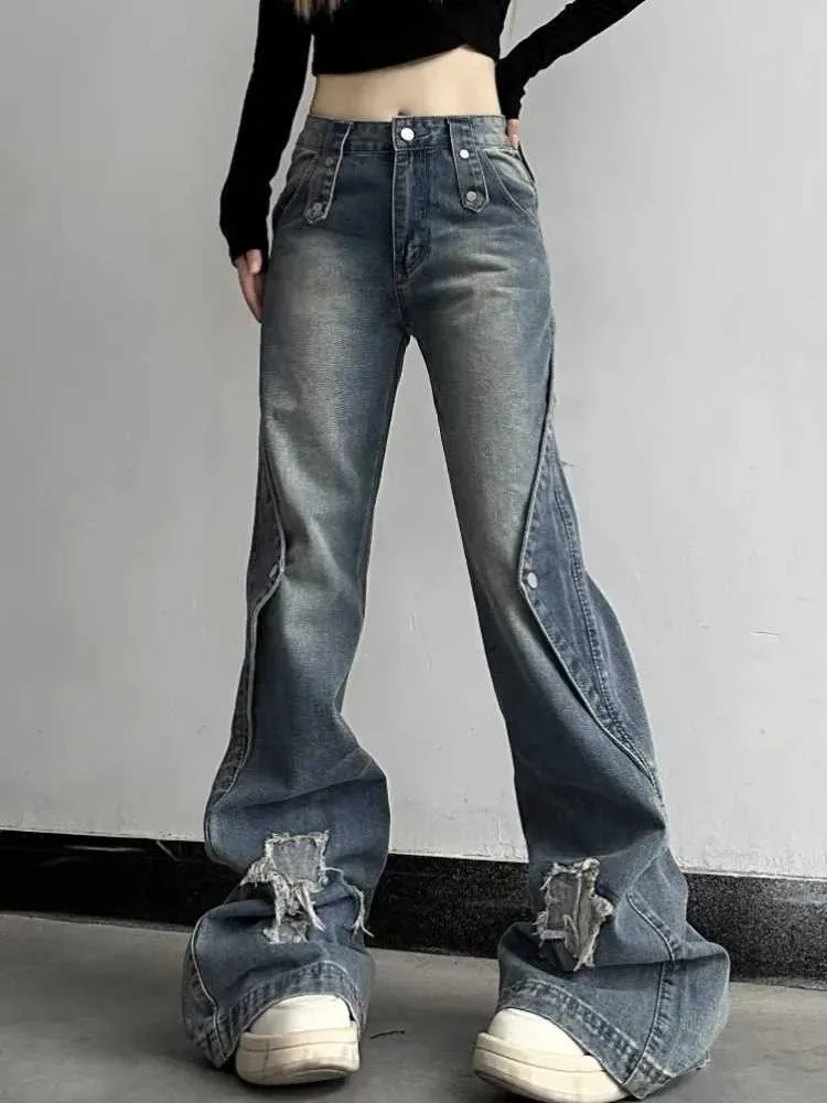 Jeans da donna HOUZHOU Y2K Anni 2000 Jeans svasati Donna Estetica retrò Lavaggio Pantaloni in denim Skinny Gyaru Acubi Moda coreana Harajuku Abbigliamento da strada J240217