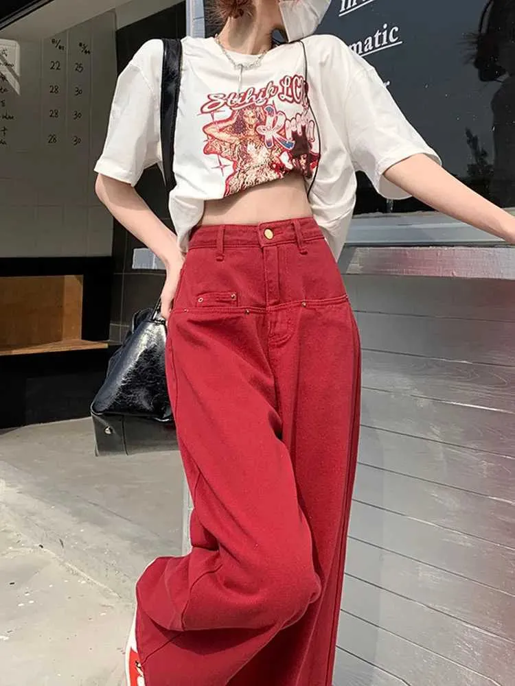 Dżinsy damskie QWeek Y2K Red Pocket Dżinsy Women Korean Basic Extra duże szerokie nogi dżinsowe spodnie damskie retro dżinsy j240217