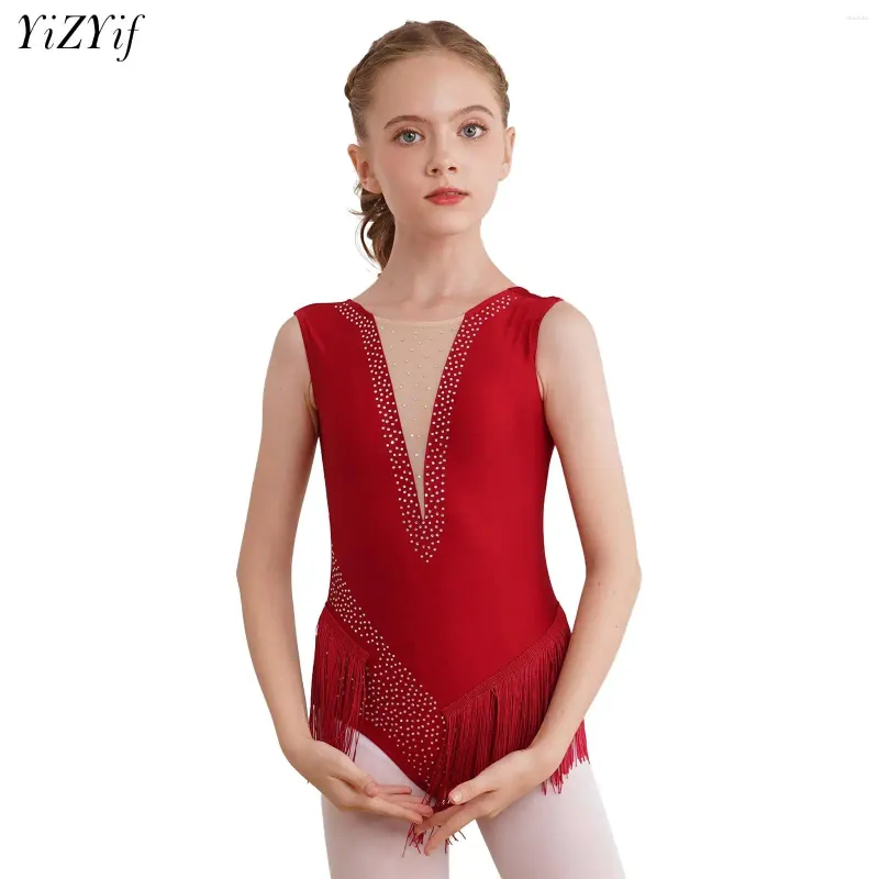 Scene Wear Kids Girls Figur Skating Dance Tassel Leotard Rhythmic Gymnastics ärmlös fransad bodysuit Rhinestones Performance Costumes