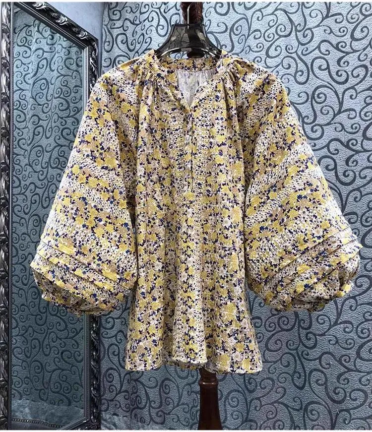 Blouses pour femmes Tops en coton 2024 Fashion printemps d'été Fonction de haute qualité Femmes à imprimé floral jaune Lantern Lantern Loose