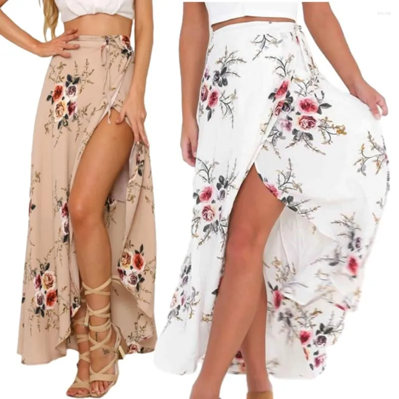 Skirts Summer Fashion Vintage Long Skirt Floral Print Casual Boho Beach High Waisted Maxi With Slit For Travel Wedding Date
