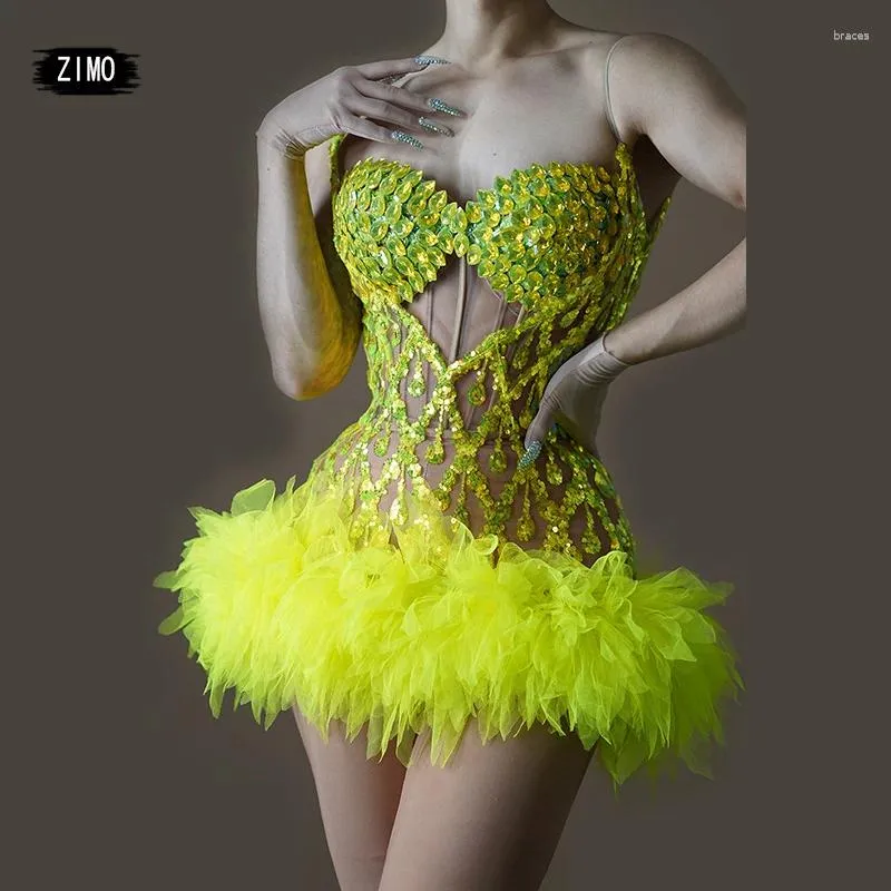 Stage Wear Fashion Green Rhinestone Dress Sequin Sparkle Sexy See Through Club Party Birthday For Women Pole Dance Performance Clothing