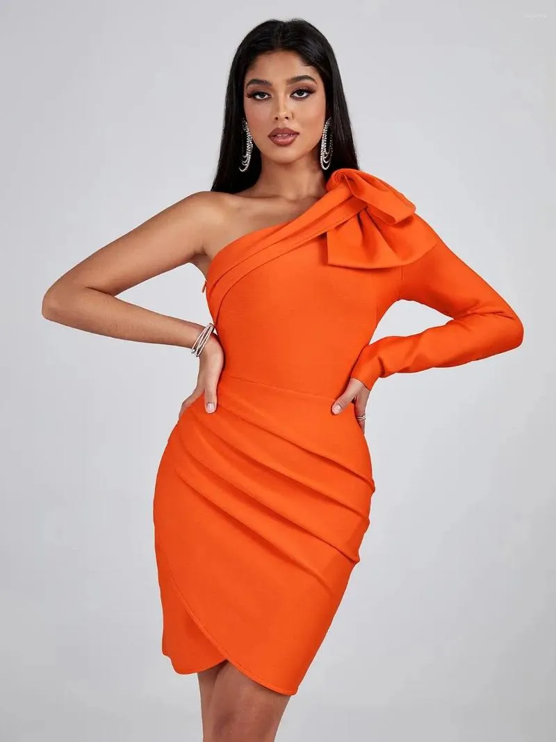 Casual Dresses Long Sleeve Bandage Dress Women Party Bodycon Elegant Draped Orange Sexy Mini Birthday Evening Club Outfits Year 2024